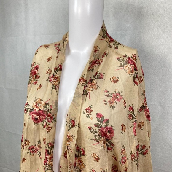 Sterling Styles Kimono Sz OS Tan Beige Floral Open Flowy Longline Cardi - Picture 2 of 7